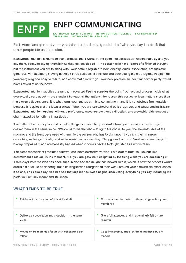 A page from the sample Communication Report
