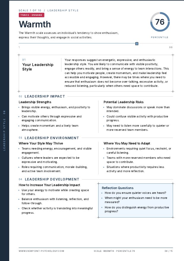 A page from the sample Leadership Style Report