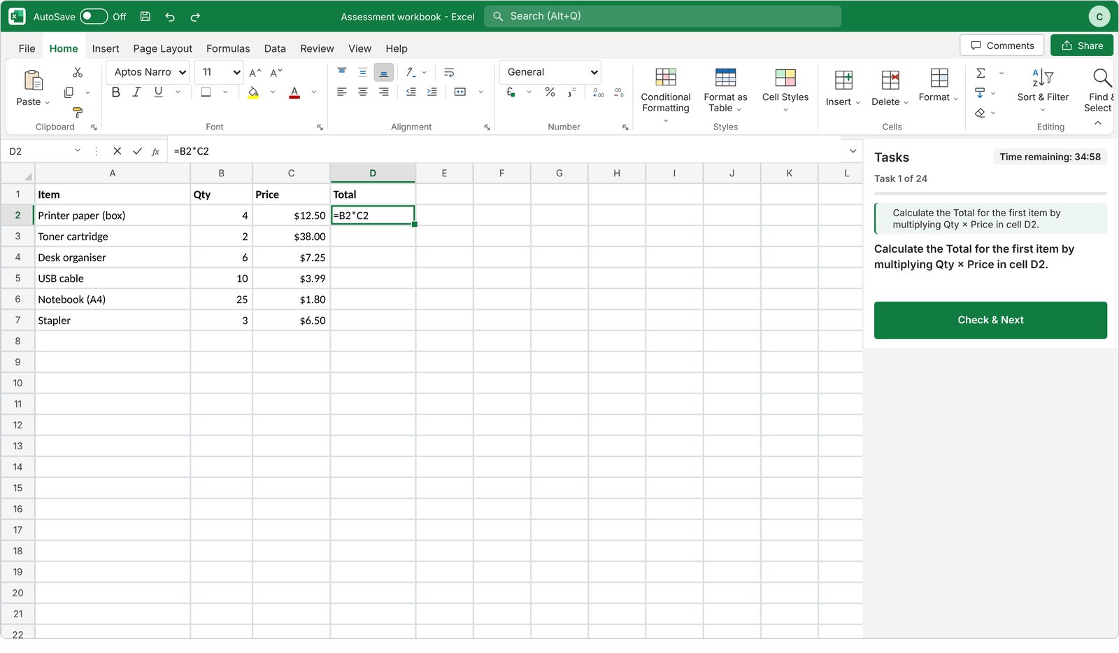 Example from the SheetCheck (Excel Skills Test)